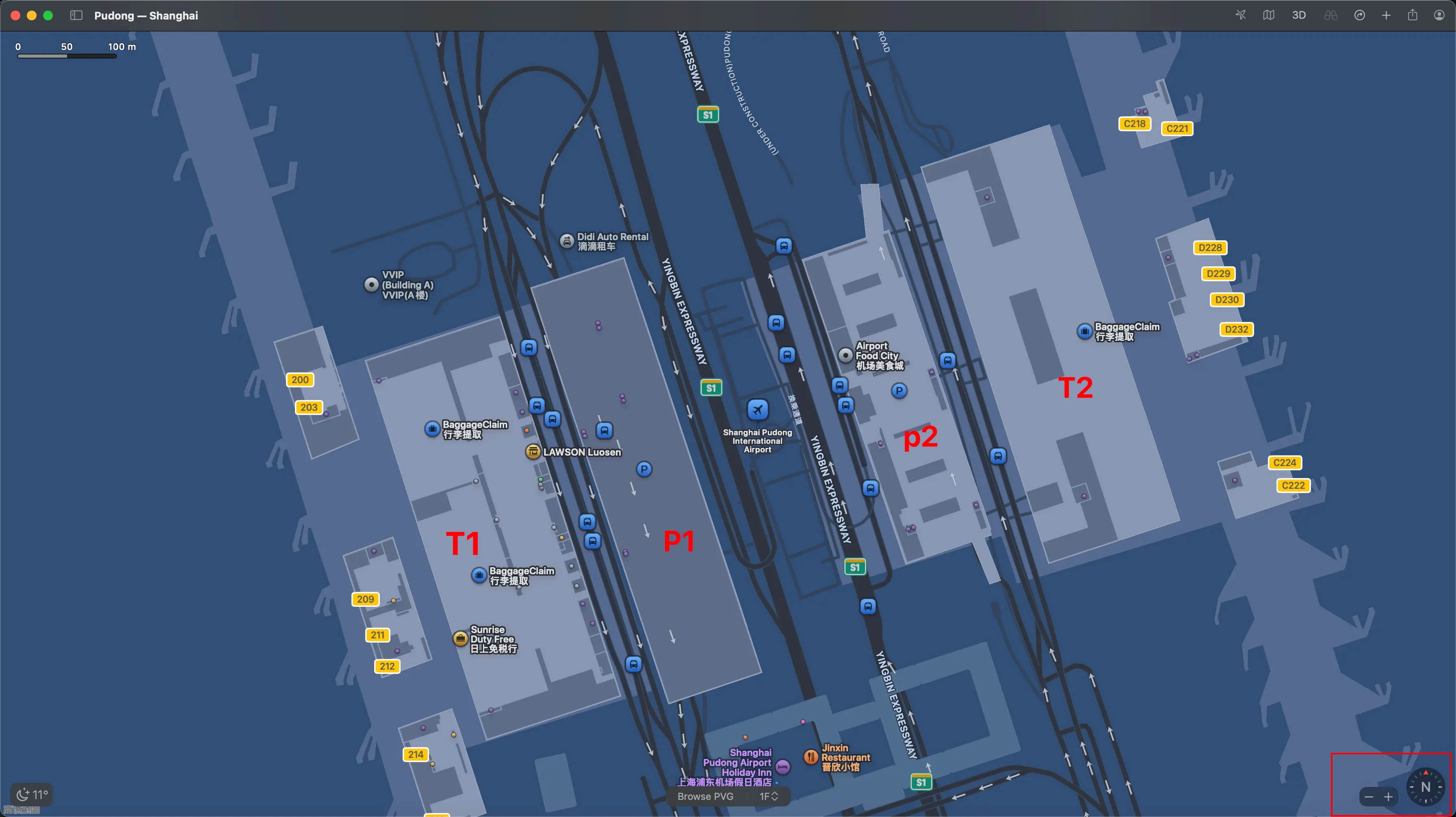 上海浦东国际机场 T1 与 T2 航站楼